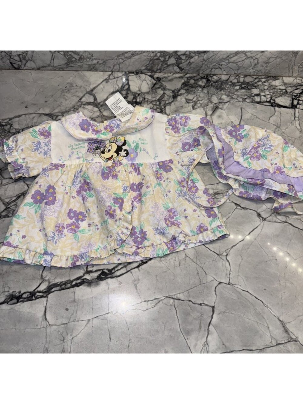 VTG Disney Minnie Mouse Purple Floral 0-6 Months Dress Hat Spanish 90s